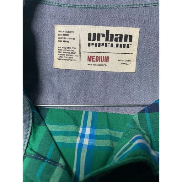 Urban Pipeline Shirt Mens Medium M Green Blue Plaid Button Up Casual - Picture 8 of 8
